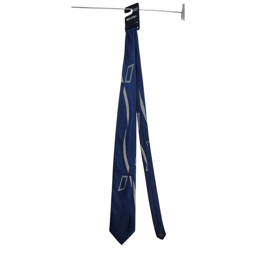 Puritan Mens Navy Blue Geometric Pattern Silver Grey Silk‎ Like Formal Necktie
